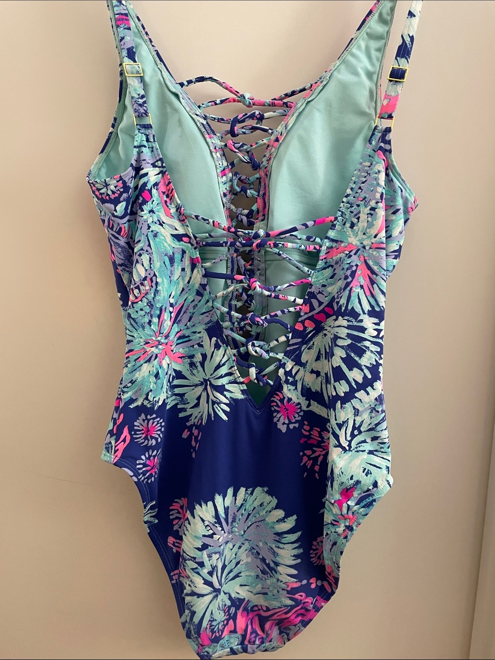 LILLY PULITZER Isle Navy Floral Lace-Up One-Piece Swimsuit 10 EUC - Picture 4 of 8